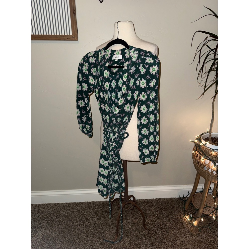 ALC Floral Print Midi Dress Green‎ Pink White Long Sleeve Tie Waist